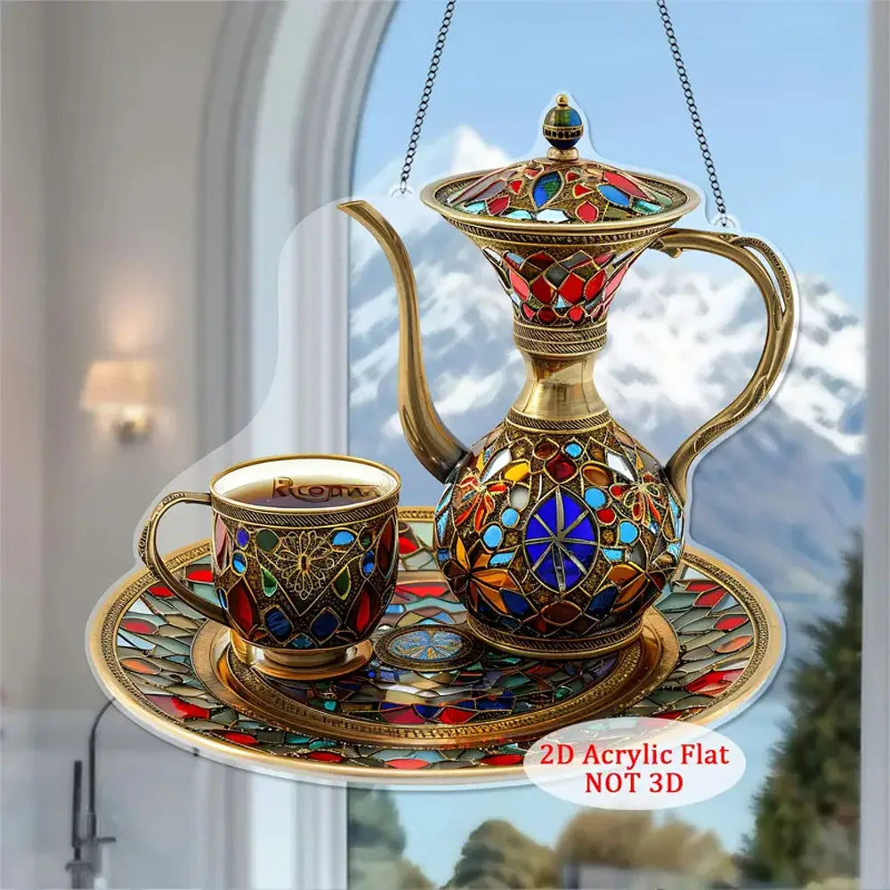 2D Flat Acrylic Arabic Tea Set Light Catcher Ramadan Table Decoration Mosaic Plastic Ornament