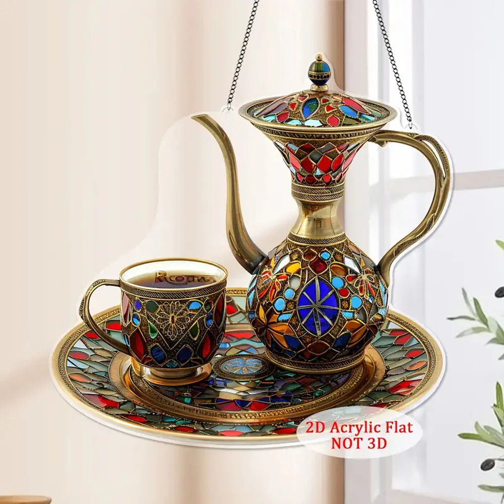 2D Flat Acrylic Arabic Tea Set Light Catcher Ramadan Table Decoration Mosaic Plastic Ornament