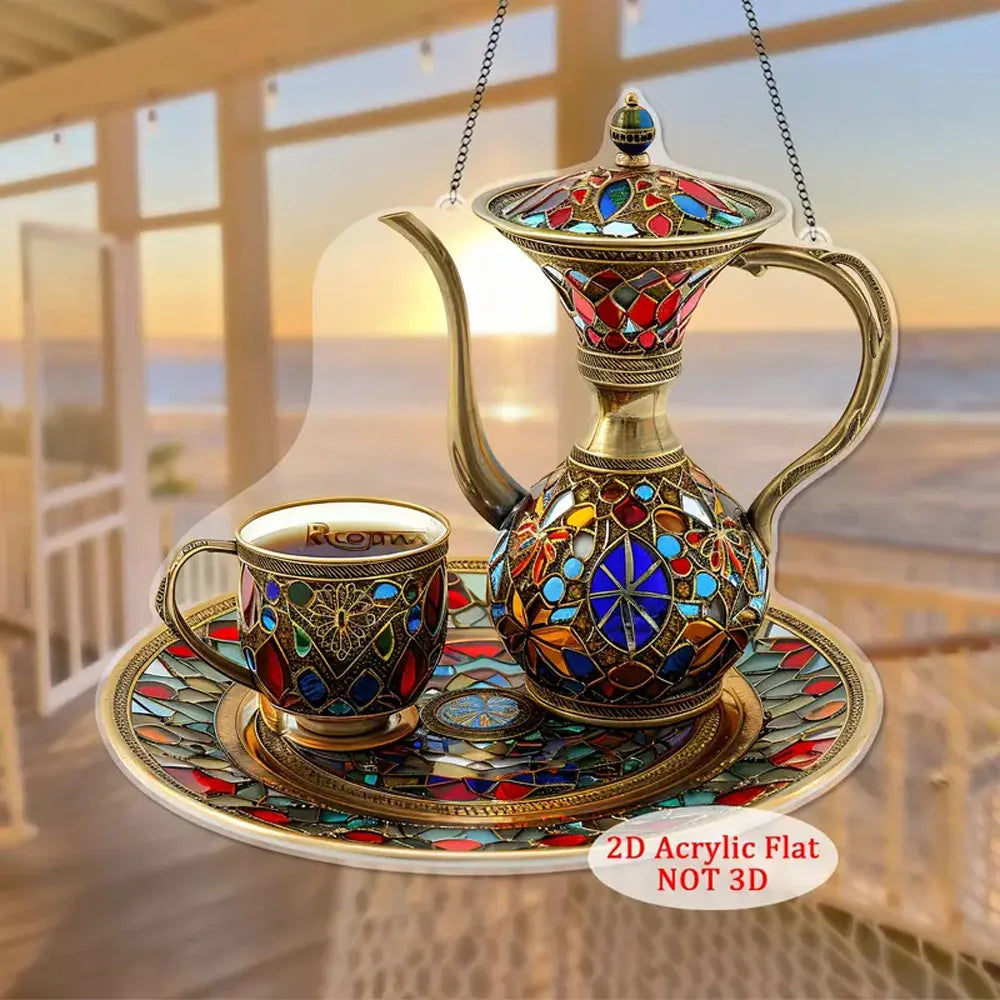 2D Flat Acrylic Arabic Tea Set Light Catcher Ramadan Table Decoration Mosaic Plastic Ornament