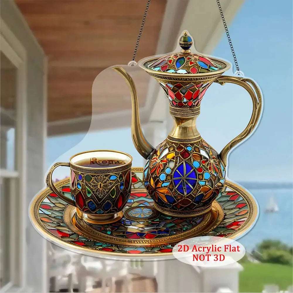 2D Flat Acrylic Arabic Tea Set Light Catcher Ramadan Table Decoration Mosaic Plastic Ornament