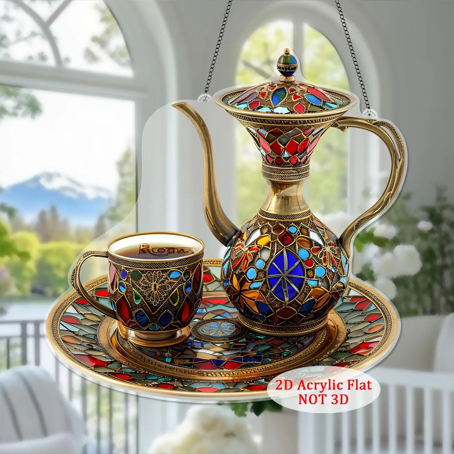 2D Flat Acrylic Arabic Tea Set Light Catcher Ramadan Table Decoration Mosaic Plastic Ornament