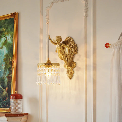 Brass Angel Crystal Wall Lamp LED Sconce Palace Style for Bedroom Corridor Entrance Porch Balcony