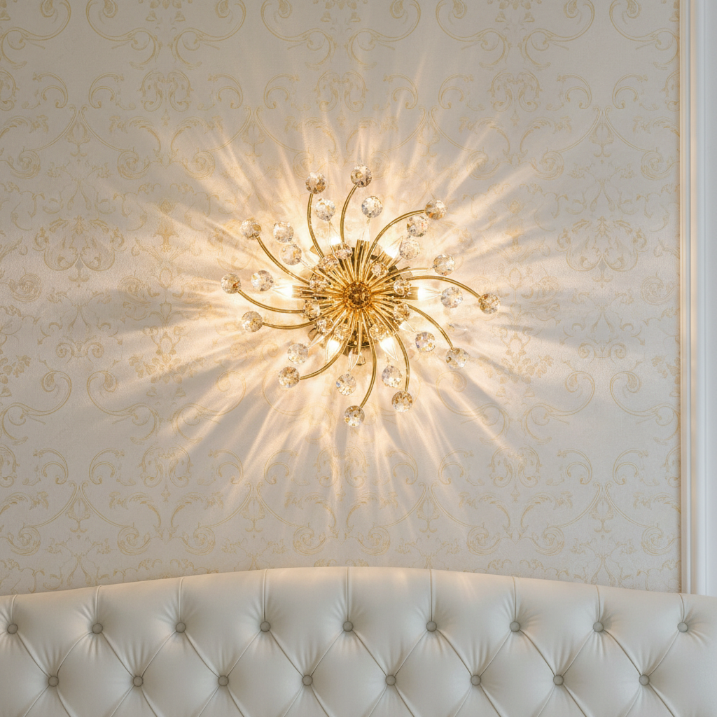 Gold crystal wall sconce mounted on elegant bedroom wall warm white LED glow palace style luxury lighting