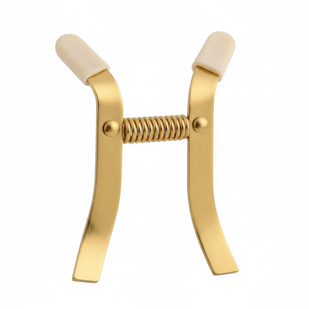 Close up macro shot of gold metal plate hanger showing rubber tips and spring mechanism
