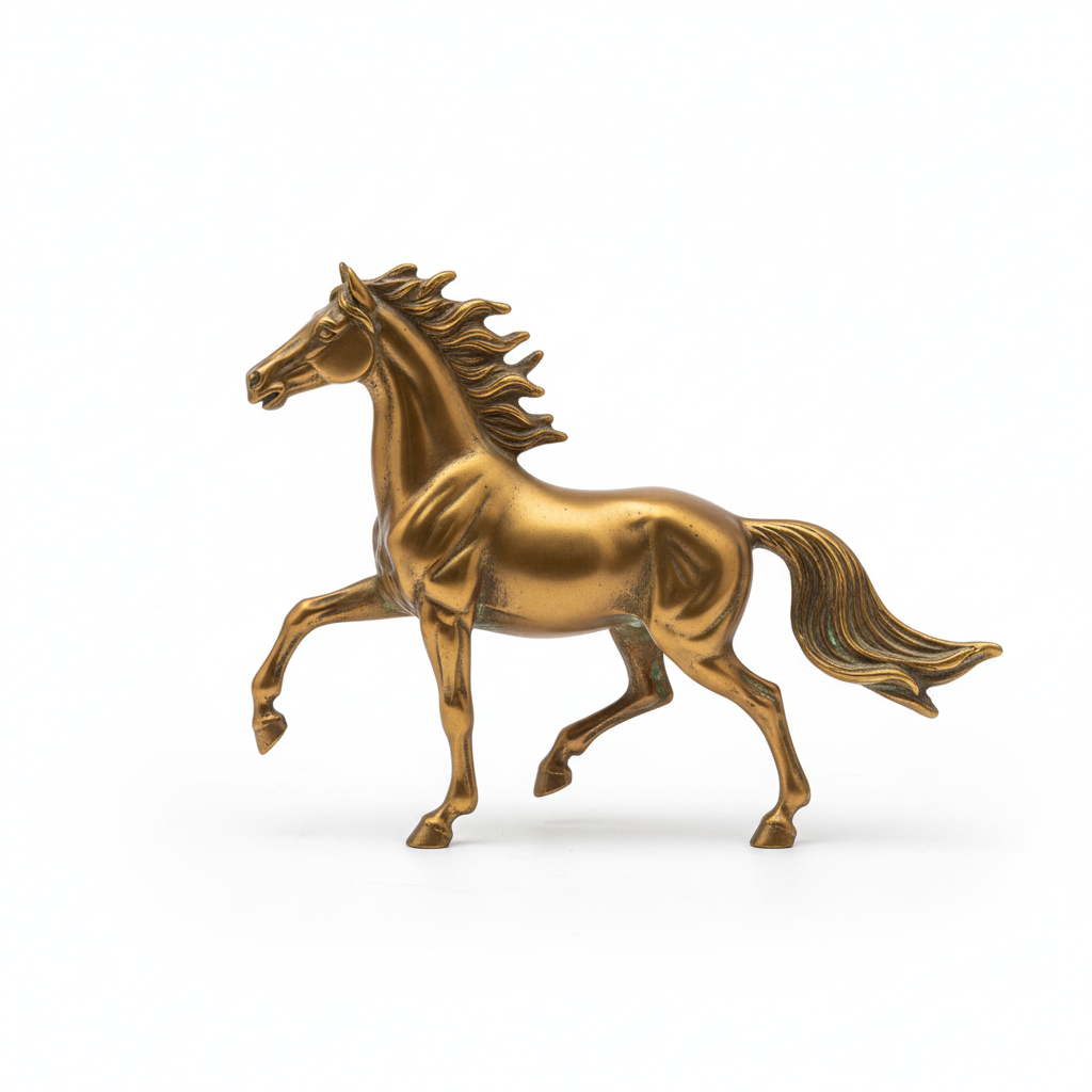 Antique brass long tail horse figurine on white background copper alloy golden finish detailed sculpting