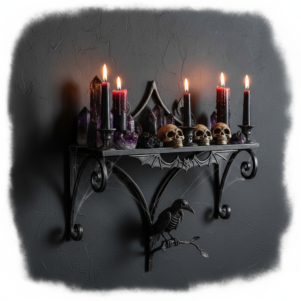Gothic floating wall shelf mounted on dark wall displaying crystals and candles Halloween home decor