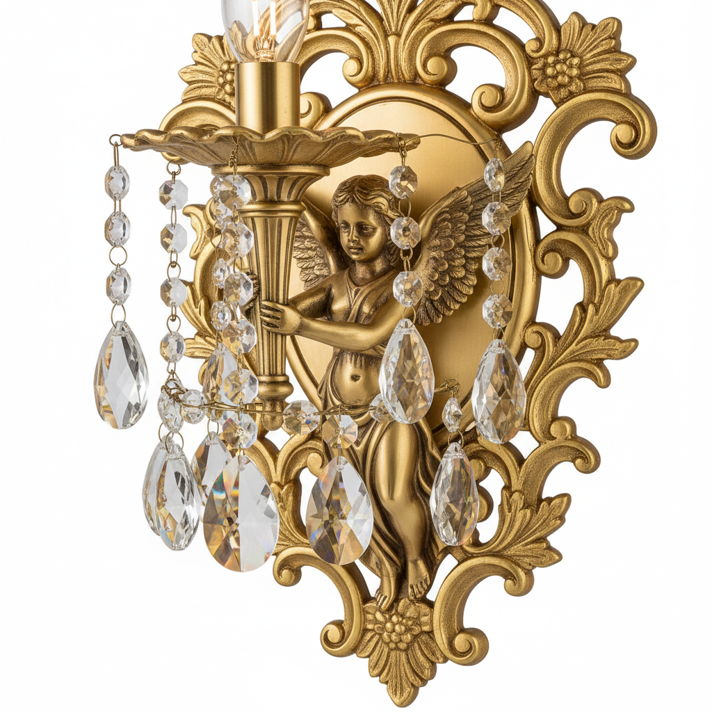 Close up of brass angel wall lamp showing crystal droplets and gold plated decorative frame detail