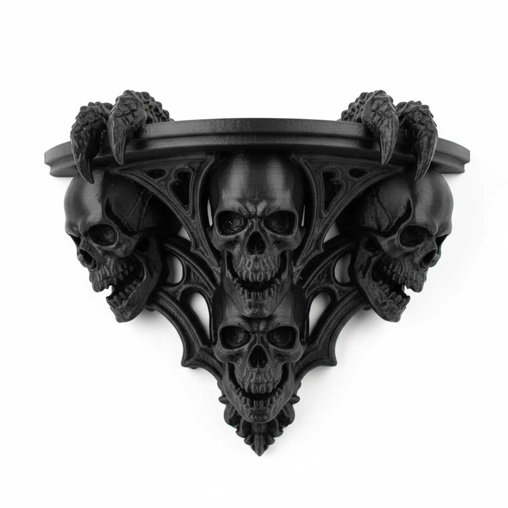 Close up of 3D printed gothic wall shelf showing detailed texture and black resin finish
