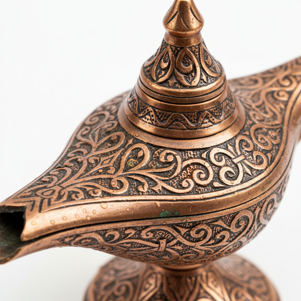 Close up of hand carved copper Aladdin lamp showing intricate engraving and antique patina