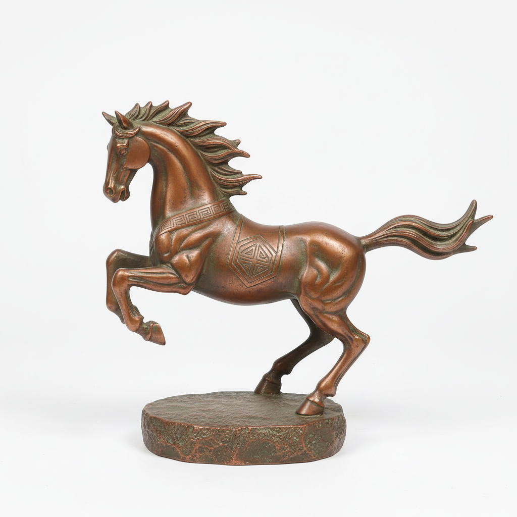 Antique copper alloy horse statue side profile view showing full body with flowing tail