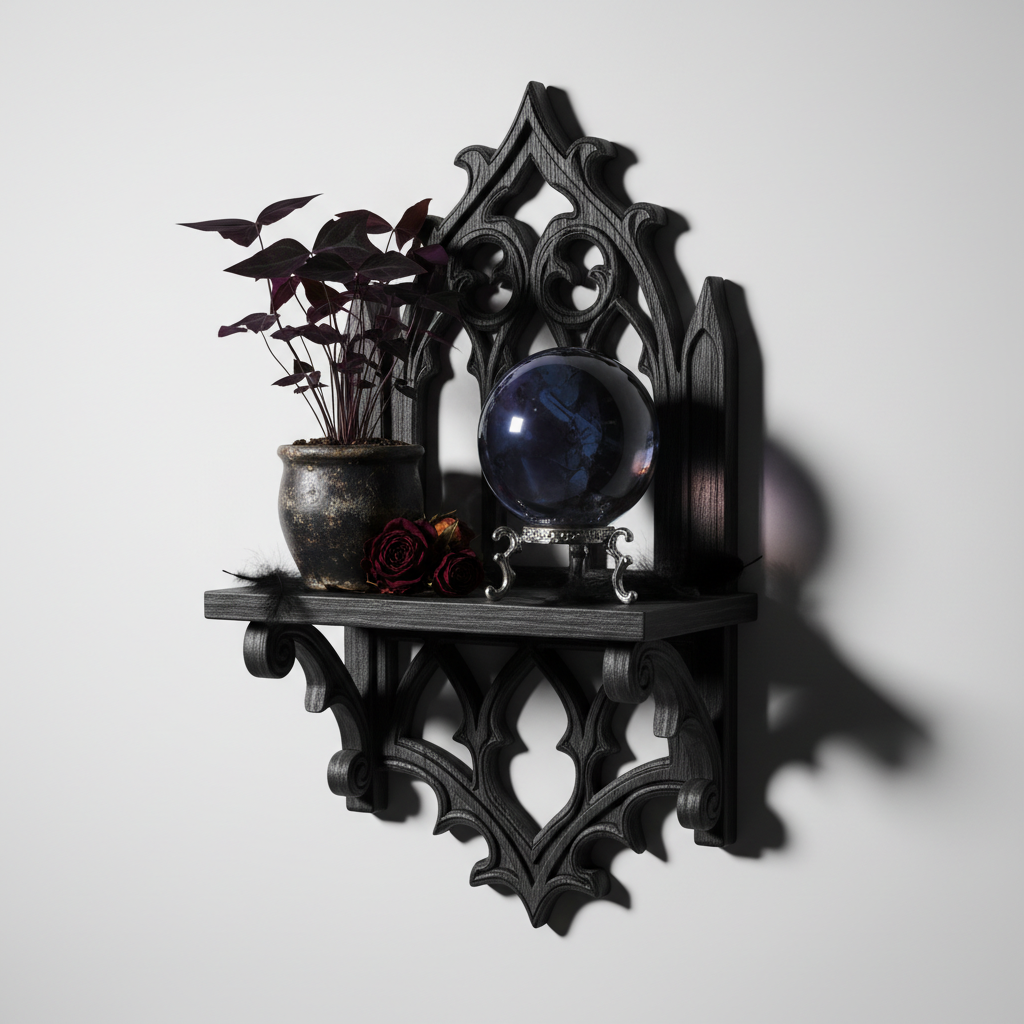 Gothic floating shelf with small potted plant and crystal ball dark aesthetic home decor