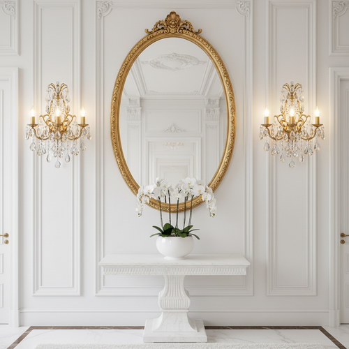 Pair of gold crystal wall sconces on either side of entrance hallway mirror palace luxury interior