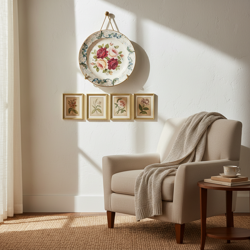 Vintage decorative plate hanging on white wall using gold plate hanger lifestyle shot