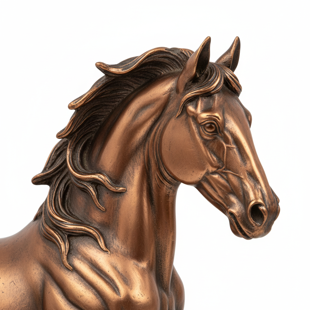 Close up of brass horse statue showing detailed mane texture and antique copper finish
