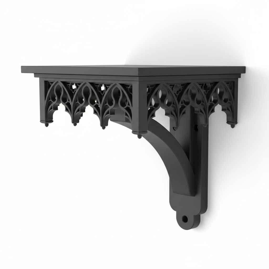 3D printed gothic wall shelf side angle view showing bracket depth and mounting detail black finish