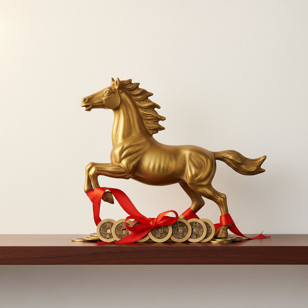 Brass horse figurine on wooden shelf with Chinese coins Feng Shui prosperity decoration