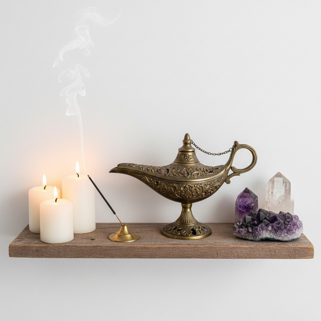 Antique brass Aladdin lamp on wooden meditation shelf with candles lifestyle home decor