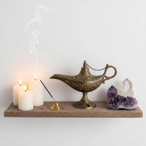 Antique brass Aladdin lamp on wooden meditation shelf with candles lifestyle home decor