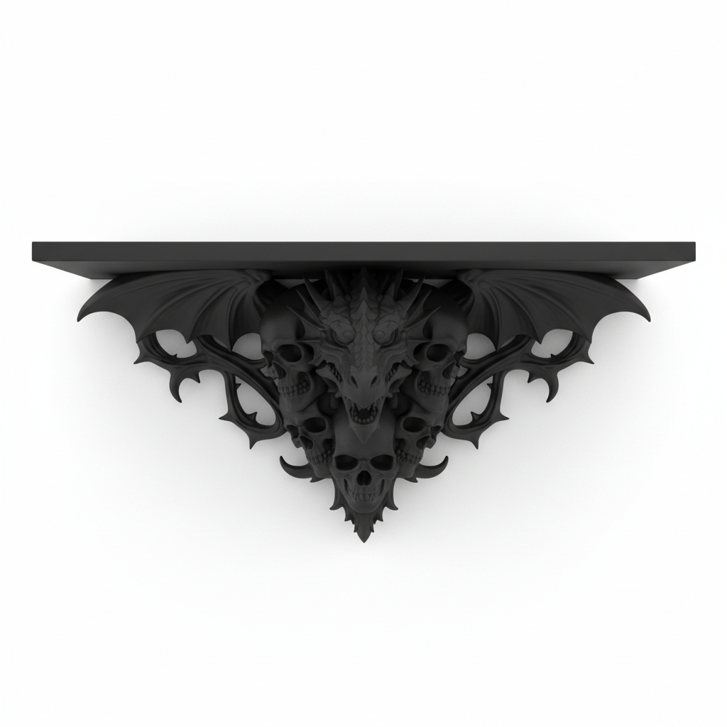 3D printed gothic floating wall shelf on white background dark black resin finish decorative design