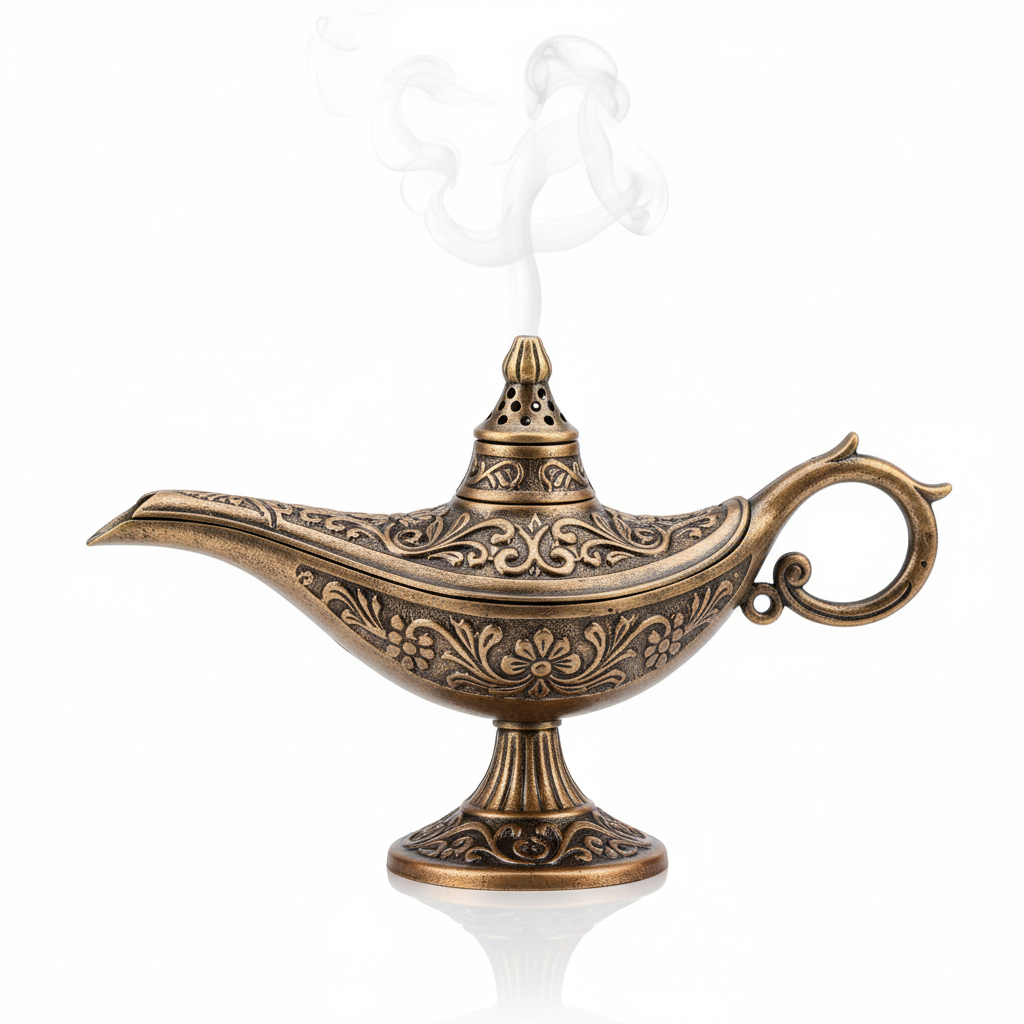 Copper Aladdin lamp incense burner on white background hand carved antique brass finish