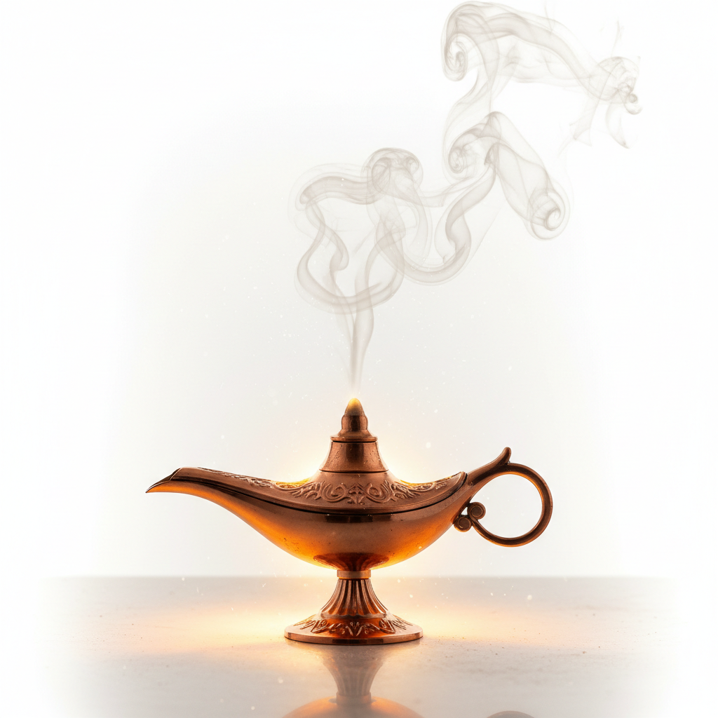 Copper Aladdin lamp incense burner with sandalwood incense smoke rising warm golden lighting