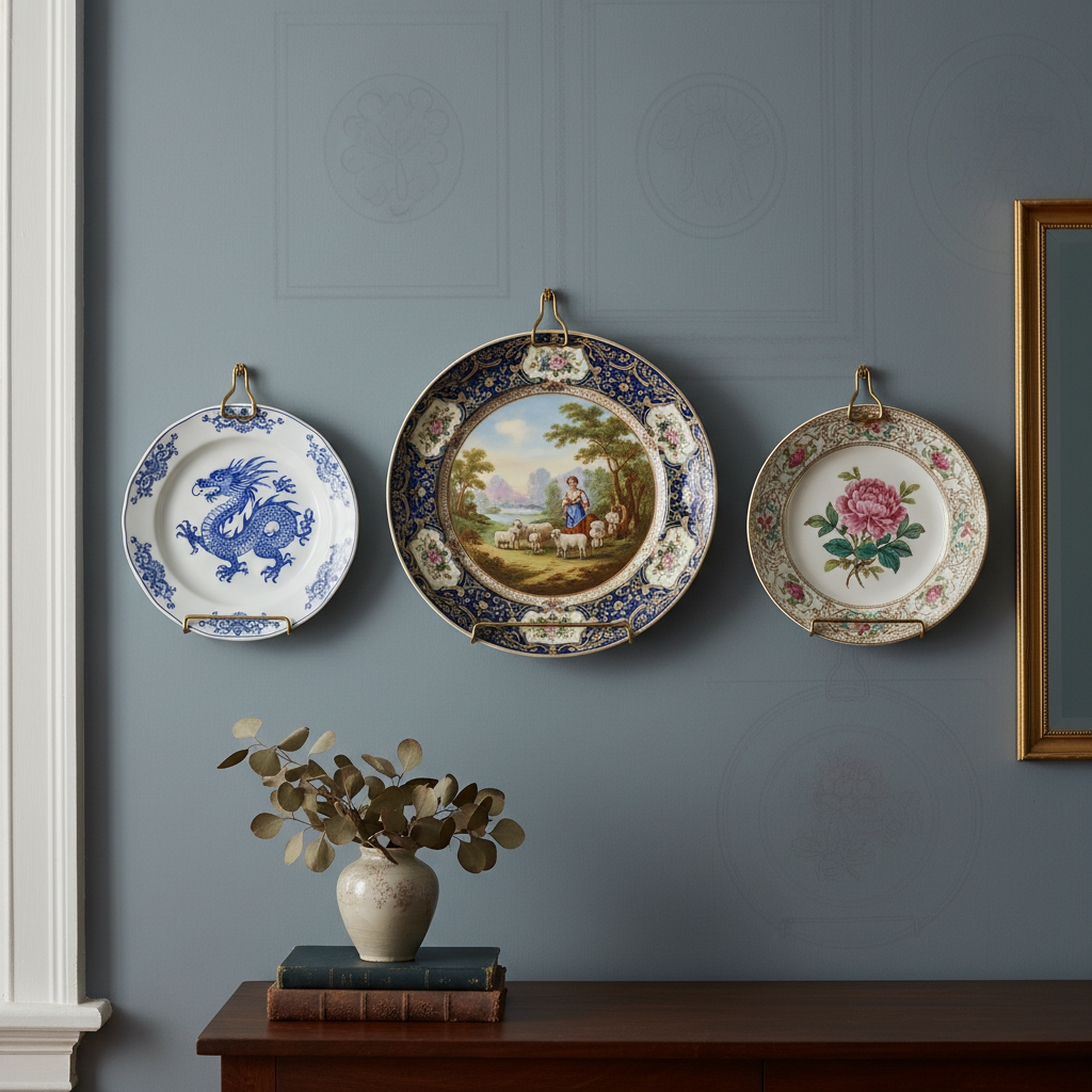 Three decorative antique plates displayed in a row on wall using gold plate hangers