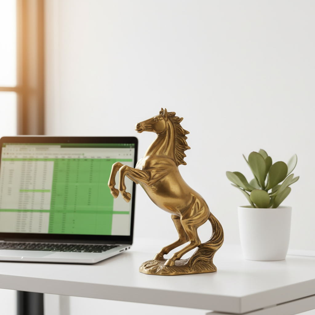 Brass horse figurine on office desk Feng Shui desk ornament lifestyle photography
