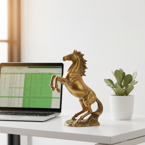 Brass horse figurine on office desk Feng Shui desk ornament lifestyle photography
