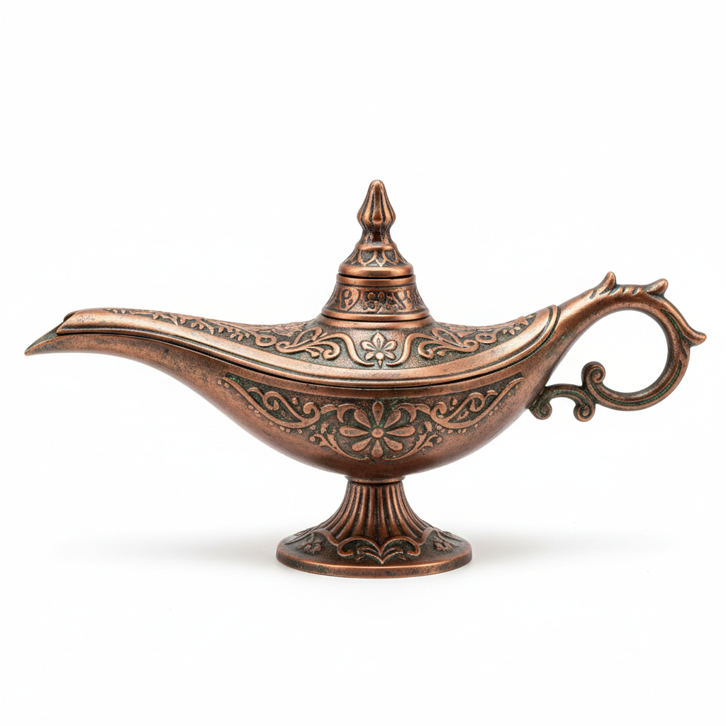 Copper Aladdin wishing lamp side view showing spout and handle detail antique vintage style