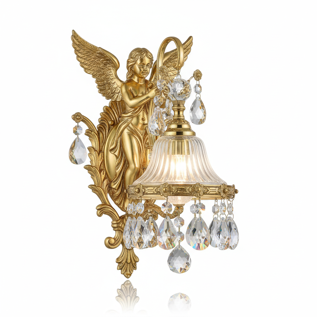 Brass angel crystal wall lamp sconce on white background gold plated finish clear glass shade palace style