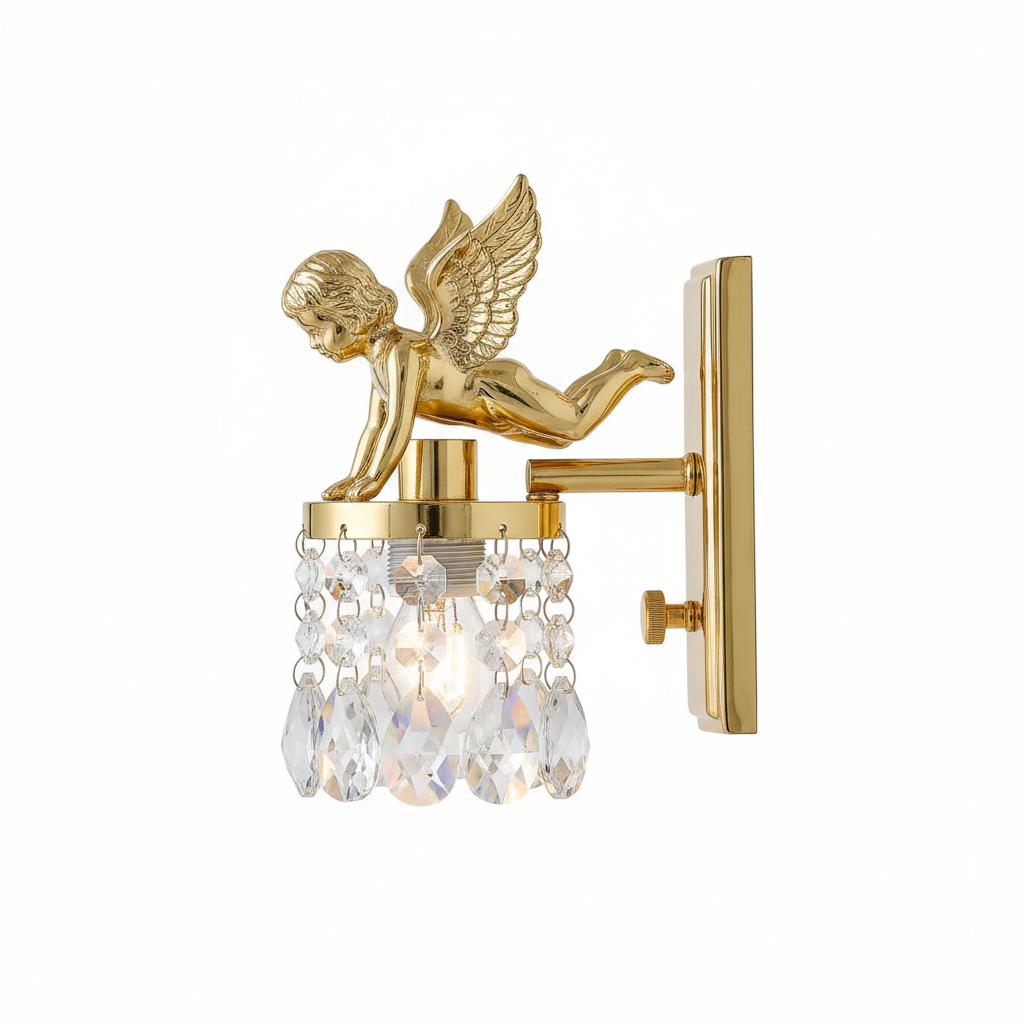 Brass angel crystal wall lamp side view showing knob switch and wall mount bracket gold finish