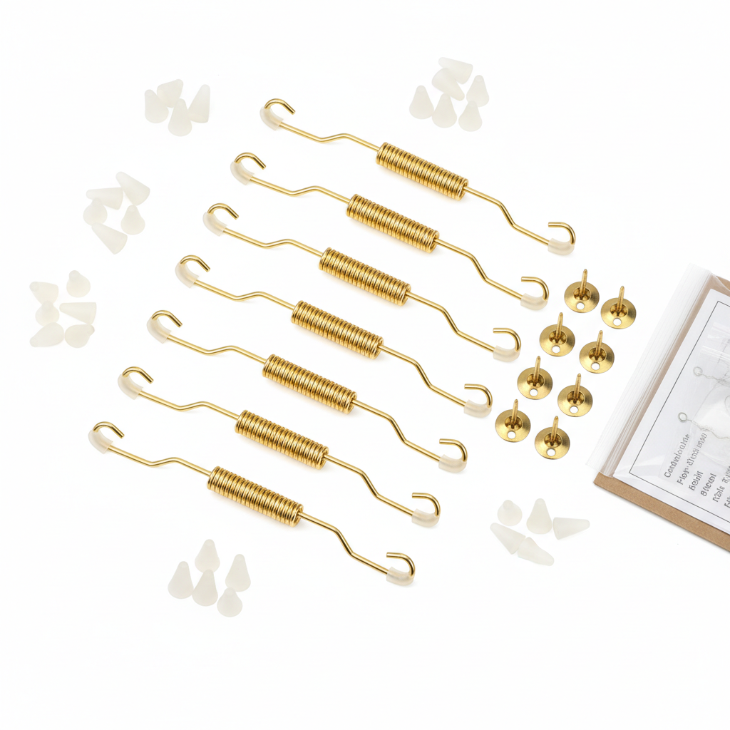 Complete set contents of 10 plate hangers 10 wall hooks and 40 rubber tips laid out