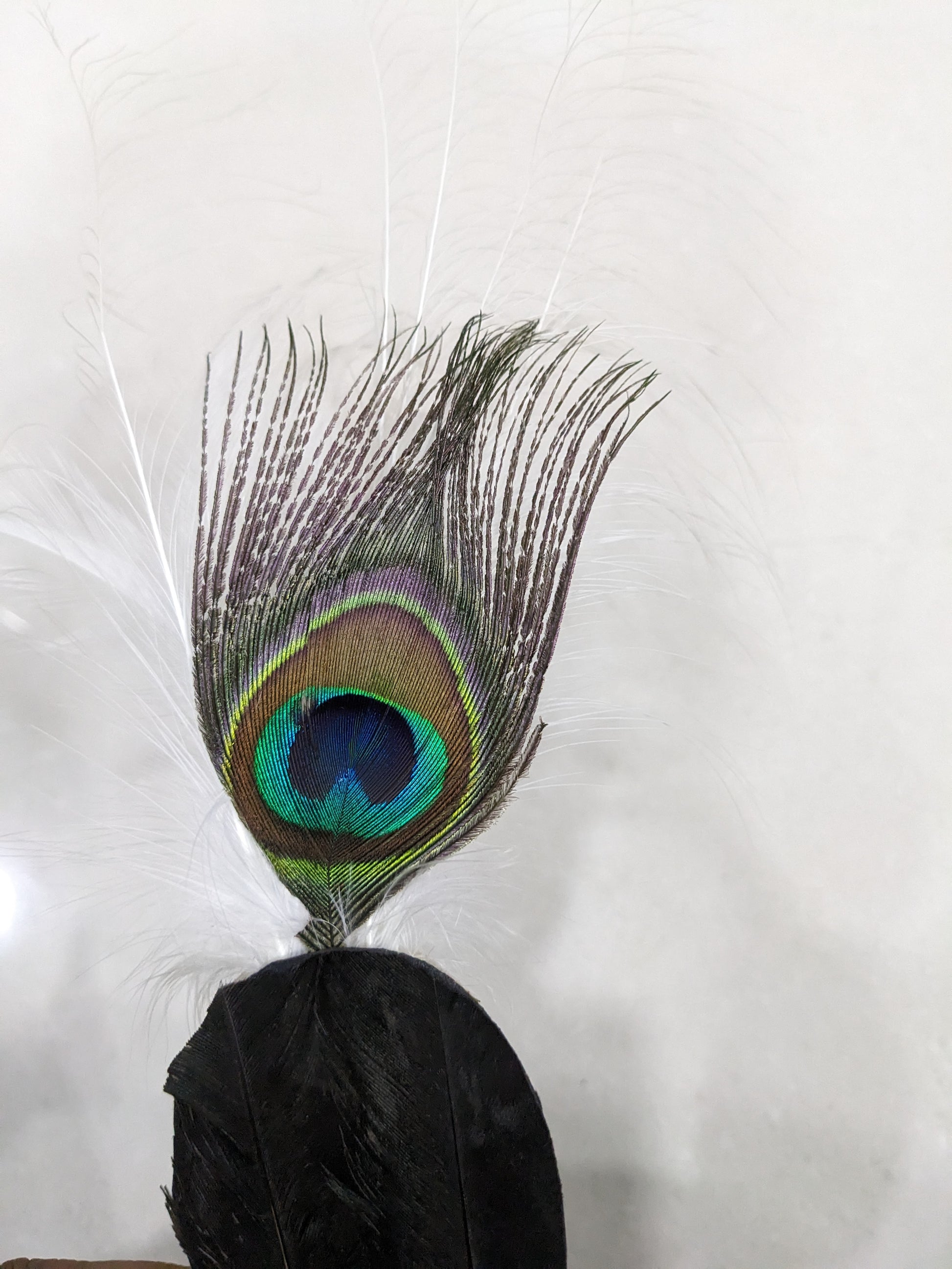 Close-up view of the vibrant eye of the natural peacock feather on the vintage fashion accessory